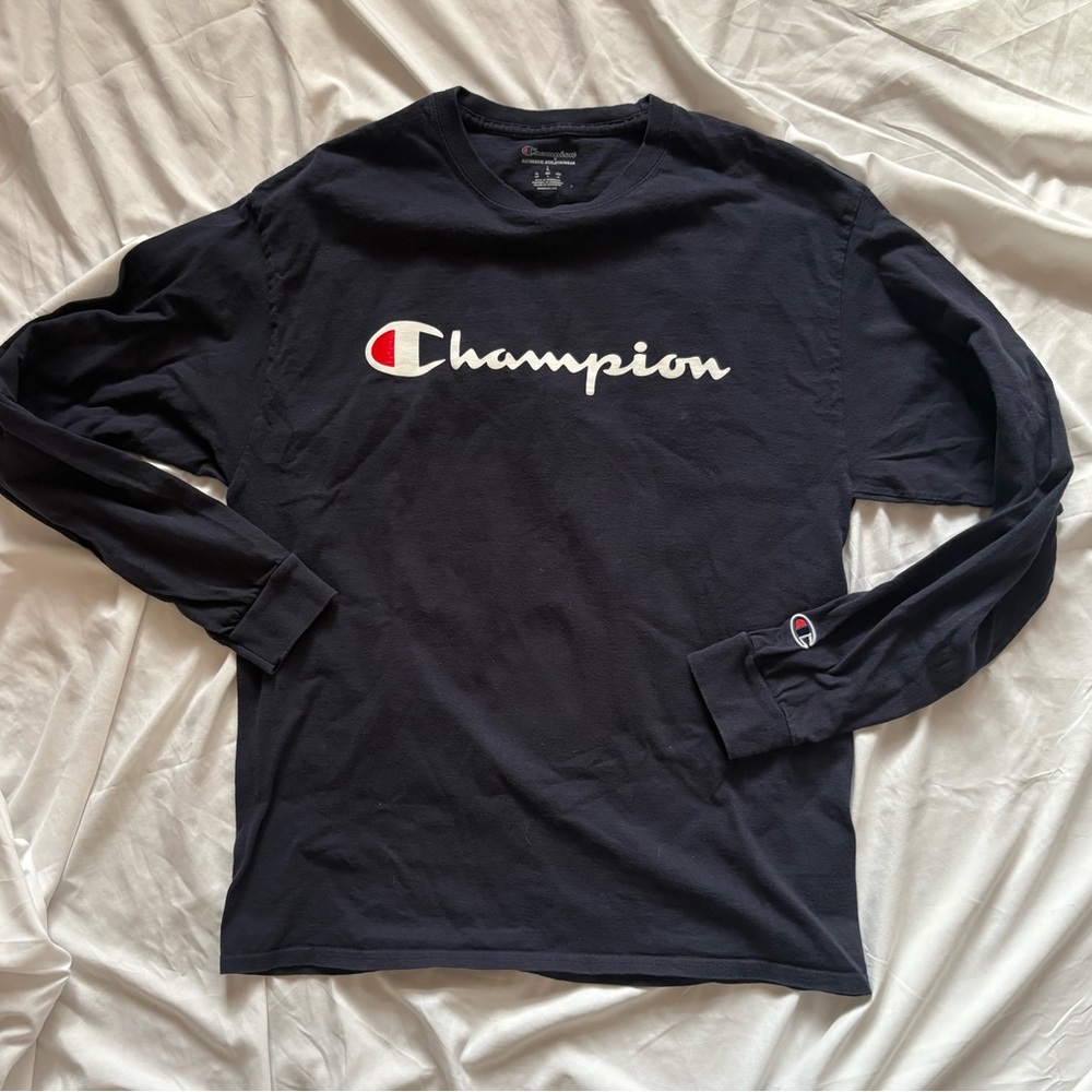 Mens Champion Long Sleeve T-Shirt Navy Large